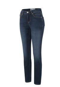 Tummansinisiä farkkuja, joissa on slim fit -malli, napin sulkeminen, viisi taskua ja hillityt kultaiset tikkauskoristeet.