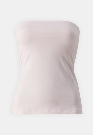 Λείο τοπ χωρίς τιράντες σε απαλό ροζ ύφασμα, εφαρμοστή σχεδίαση με μαλακή υφή και απλή σιλουέτα, που διαθέτει ίσια γραμμή στο στρίφωμα.