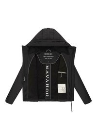Veste à capuche noire avec fermeture éclair, plusieurs poches intérieures et une doublure douce. Comprend une étiquette de marque et des détails de surpiqûres contrastantes.