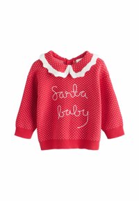 Roter Strickpullover mit weißen Punkten und einem weißen, gewellten Kragen. Verziert mit dem Text "Santa Baby" in glänzender, weißer Stickerei.