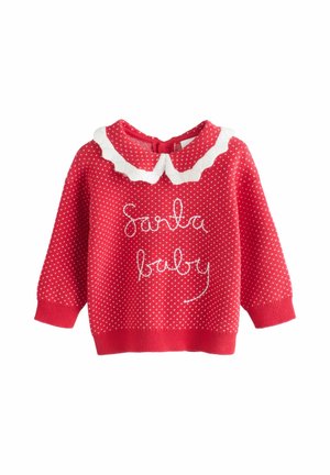 Czerwony sweter z dzianiny w białe kropki i białym falbanym kołnierzykiem. Na przodzie znajduje się napis "Santa baby" w błyszczącej białej haftowanej czcionce.