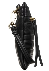 Black leather handbag with a unique triangular shape, featuring gold hardware, a detachable strap, and subtle horizontal stitching details.