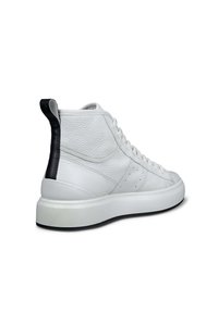 White high-top sneaker with textured leather upper, white sole, black heel tab, and flat laces. Features perforations for breathability.