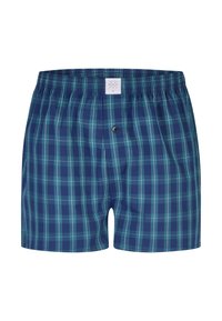 Blauwe en groene geruite herenshort met elastische tailleband en een enkele zwarte knoop op het voorvak.