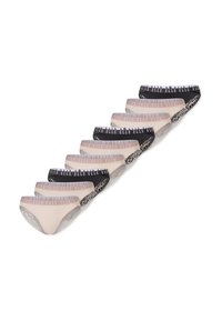 Negen damesonderbroeken in verschillende kleuren: beige en zwart. Ze hebben contrasterende taillebanden met tekst en kanten details.