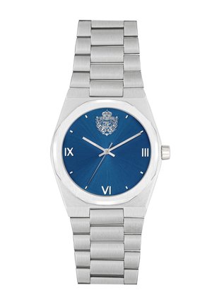 Edelstahlarmbanduhr mit einem blauen strukturierten Zifferblatt, achteckigem Gehäuse, silbernen Stundenmarkierungen und einem Gliederarmband. Verfügt über eine Krone an der Seite.