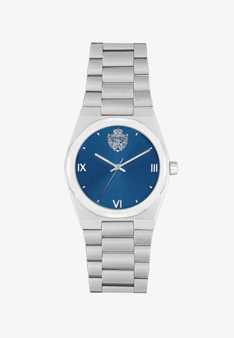 Edelstahlarmbanduhr mit einem blauen strukturierten Zifferblatt, achteckigem Gehäuse, silbernen Stundenmarkierungen und einem Gliederarmband. Verfügt über eine Krone an der Seite.