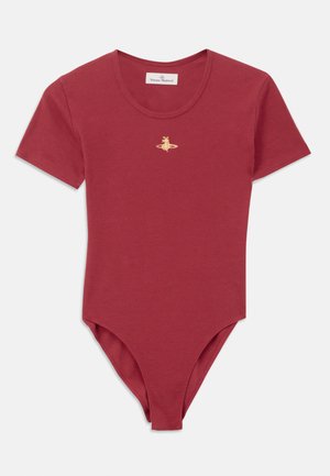 Rdeča kratkosleeve bodysuit iz rebraste tkanine z okroglim izrezom in majhnim zlatim logotipom Vivienne Westwood na sredini prsnega dela.