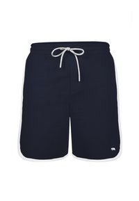 Marineblauwe zwembroek met witte zijaccenten, elastische tailleband en trekkoord. Bevat een klein logo nabij de zoom. Glad textuur van de stof.