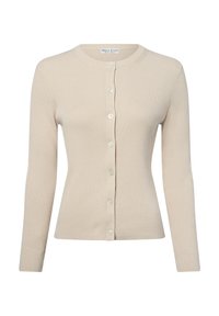 Beige gerippter Cardigan mit langen Ärmeln, rundem Halsausschnitt und vorderem Knopfverschluss. Verfügt über kleine weiße Knöpfe und eine taillierte Passform.