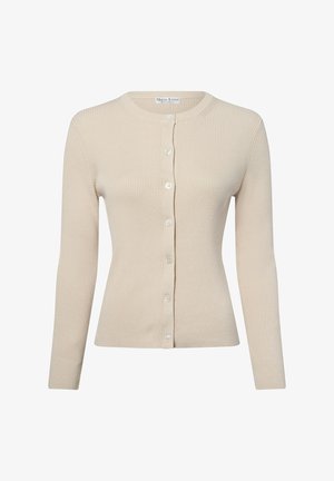 Beige geribde cardigan met lange mouwen, ronde halslijn en knoopsluiting aan de voorkant. Kenmerkt zich door kleine witte knopen en een aansluitend ontwerp.