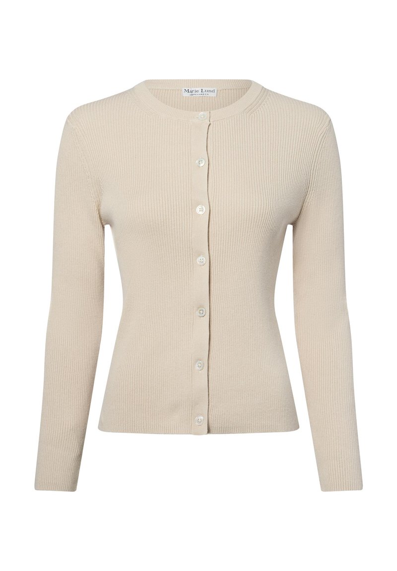 Beige gerippter Cardigan mit langen Ärmeln, rundem Halsausschnitt und vorderem Knopfverschluss. Verfügt über kleine weiße Knöpfe und eine taillierte Passform.