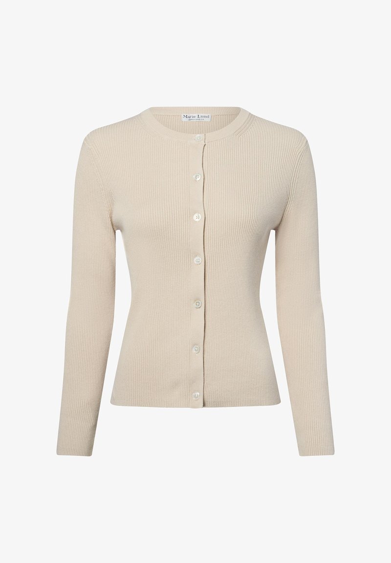 Beige gerippter Cardigan mit langen Ärmeln, rundem Halsausschnitt und vorderem Knopfverschluss. Verfügt über kleine weiße Knöpfe und eine taillierte Passform.