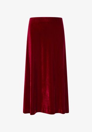 Red velvet midi skirt with a smooth texture, flared design, and a waistband. Hemline finishes just below the knee. No visible accents.