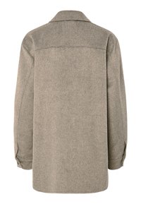 Grå skjortjacka i ullblandning med klassisk krage, långa ärmar och rak skärning. Har en ryggok och knäppta ärmslut.