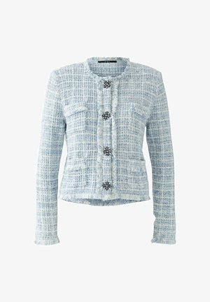 Veste en tweed bleu clair avec un motif texturé, bords effilochés, col rond, et cinq boutons décoratifs à l'avant. Deux poches incluses.