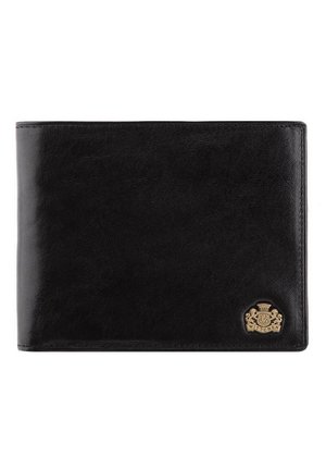 Schwarze Lederbörse mit einer strukturierten Oberfläche, im Querformat und mit einem goldfarbenen Emblem, das eine Krone und aufwendige Details zeigt.