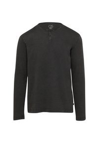 Czarna koszula z długim rękawem wykonana z miękkiej bawełny. Posiada okrągły dekolt z zapięciem na trzy guziki oraz przyszyty dół, co zapewnia swobodny krój.