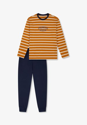Long-sleeve, orange and white striped top with “UNLIMITED ADVENTURE” text, paired with navy blue pants featuring cuffed ankles. Cotton blend.