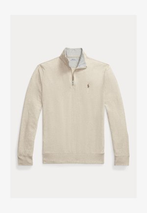 Beige quarter-zip pullover with long sleeves and a small polo player logo on the left chest.