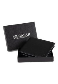 Black leather wallet with a smooth texture, featuring finely stitched edges and a small embossed logo, presented in a black textured box.