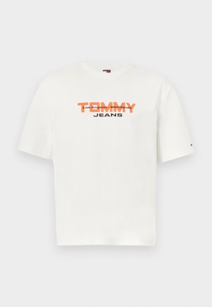 Weißes T-Shirt mit kurzen Ärmeln aus Baumwolle, mit einem auffälligen orange-schwarzen Schriftzug: „TOMMY Los Angeles Worldwide JEANS.“