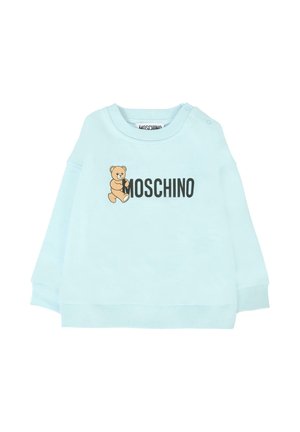 Lichtblauwe sweatshirt met een teddybeer graphic en "MOSCHINO" tekst. Gemaakt van zacht materiaal, met ribgebreide boorden en kraag.