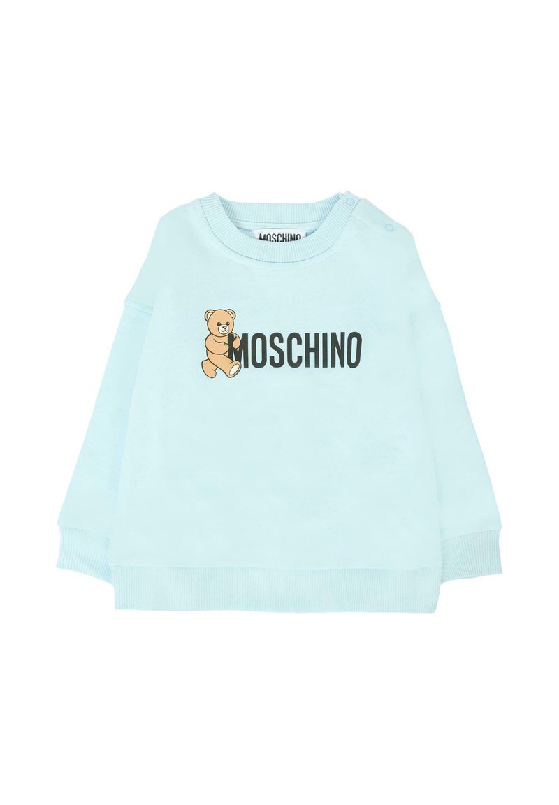 Felpa azzurra chiara con grafica di orsetto e testo "MOSCHINO". Realizzata in materiale morbido, con polsini e colletto a costine.