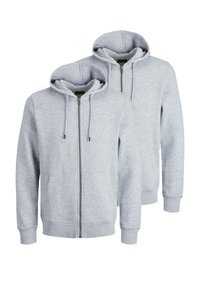 Two gray zip-up hoodies made of soft fabric. Features a front zipper, drawstring hood, and two front pockets. Simple design and texture.