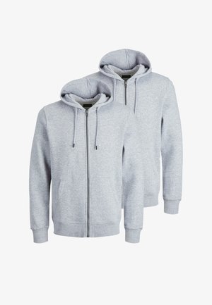 Deux hoodies zippés gris en tissu doux. Comprend une fermeture éclair à l'avant, une capuche avec cordon de serrage et deux poches frontales. Design et texture simples.