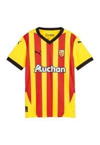 Maglia da calcio a righe rosse e gialle con scollatura a V, maniche corte, dettagli neri e il logo di Auchan e RCL. Realizzata in tessuto traspirante.