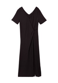 Schwarzes Kleid aus strukturiertem Stoff, mit kurzen Ärmeln, V-Ausschnitt, Wickeldesign und einer geknoteten Detail an der Taille, mit einem seitlichen Schlitz.