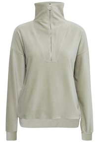 Felpa verde chiaro con collo alto, chiusura a mezza zip, texture a coste e maniche lunghe, caratterizzata da un dettaglio di cucitura anteriore a forma di V.