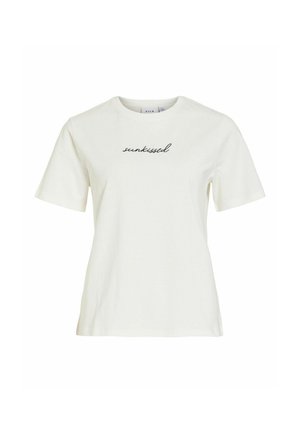 Camiseta blanca de manga corta con cuello redondo y texto en cursiva negro "sunkissed" centrado en el pecho.