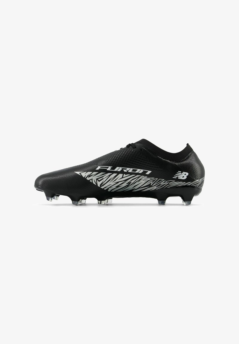 Black soccer cleat featuring a sleek design, textured upper, and white graphic accents. Includes molded studs for traction.