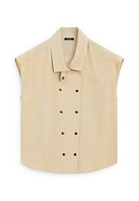 Beige sleeveless vest with a double-breasted design and black snap buttons, featuring a wide collar and structured seams.