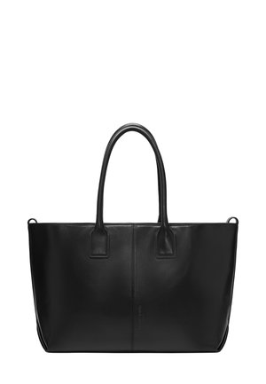Czarna skórzana torba tote z dwoma długimi uchwytami, gładką teksturą, prostokątnym kształtem i minimalistycznym wzornictwem. Posiada centralny szew i logo marki.