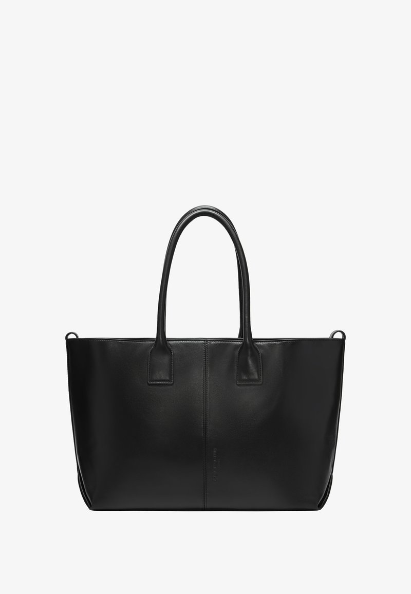 Schwarze Leder-Tote mit zwei langen Griffen, glatter Textur, rechteckiger Form und minimalistischem Design. Verfügt über eine zentrale Naht und ein Logo.
