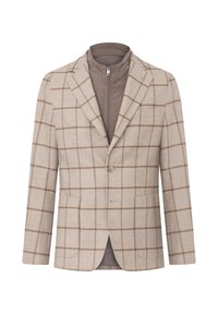 Beige rutigt kavaj med en slät textur, som har bruna rutlinjer, slagkrage, enknappsstängning och två framfickor.