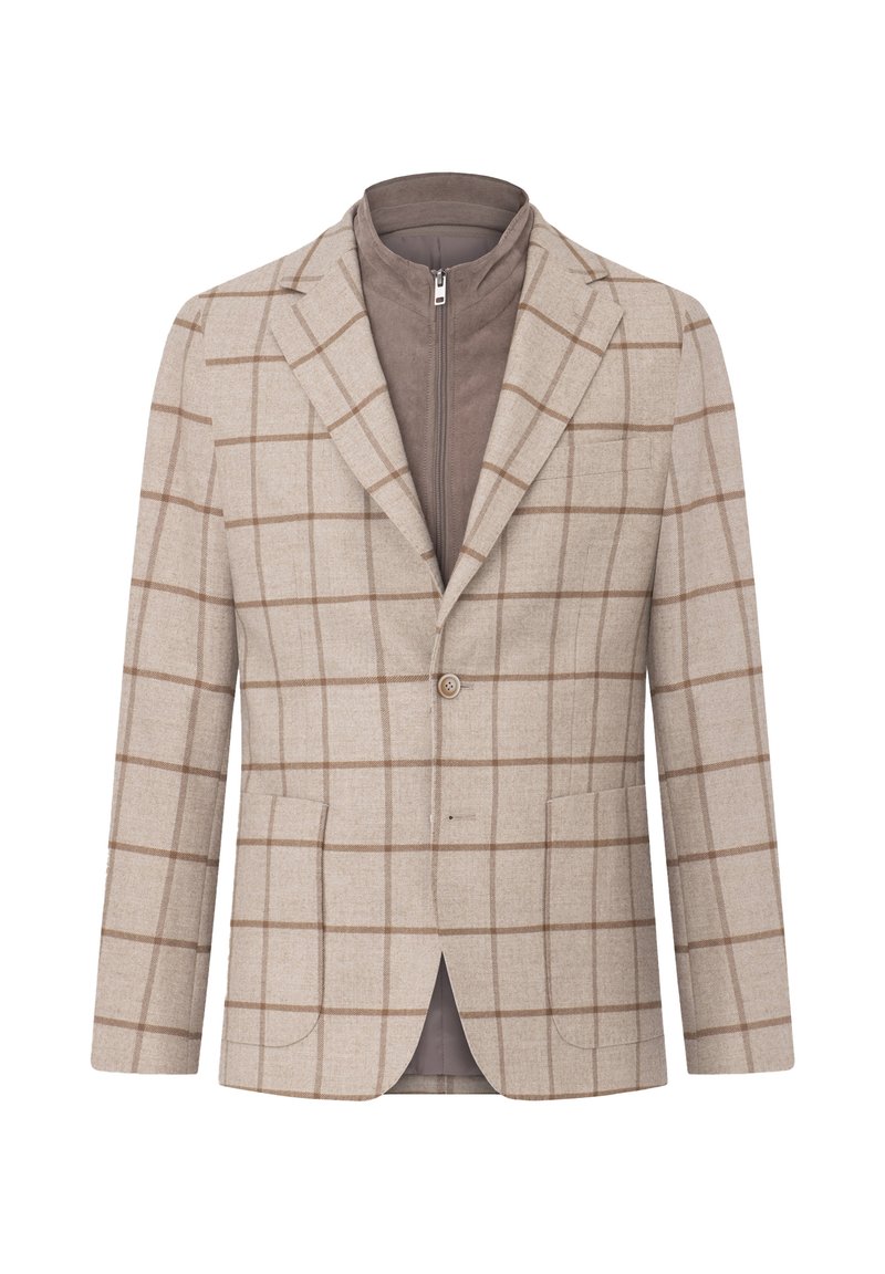 Beige rutigt kavaj med en slät textur, som har bruna rutlinjer, slagkrage, enknappsstängning och två framfickor.