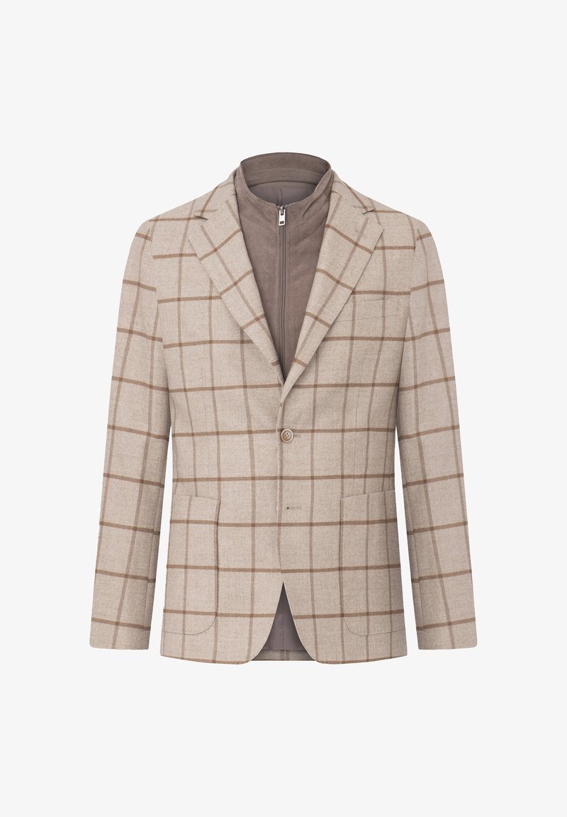 Beige plaid blazer with a smooth texture, featuring brown grid lines, notched lapels, single button closure, and two front pockets.