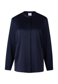 Donkerblauw, overhemd met lange mouwen en knopen, met een ronde kraag. Soepele stof zonder zichtbare patronen. Heeft een enkele knoop bij de hals.