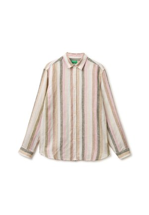 Koszula z długim rękawem zapinana na guziki z pionowymi paskami w kolorach beżowym, różowym, zielonym i białym, pokazana na białym tle.