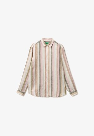 Overhemd met lange mouwen met knopen en verticale strepen in beige, roze, groen en wit, platliggende tegen een witte achtergrond.