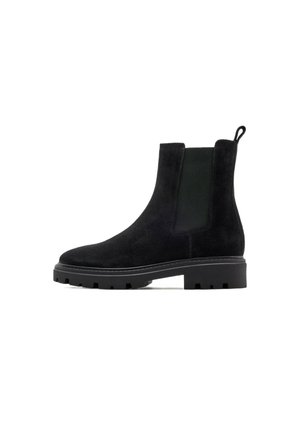 Black suede ankle boot with elastic side panel, pull tab on the back, and chunky rubber sole with tread for grip.