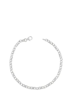 Silbernes Kettenarmband mit flachen, ineinandergreifenden ovalen Gliedern und Karabinerverschluss auf weißem Hintergrund.