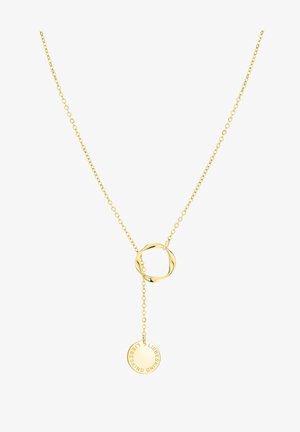Gouden ketting met een gedraaide cirkelvormige hanger en een hangende schijf met het merklogo, bevestigd aan een delicate ketting.