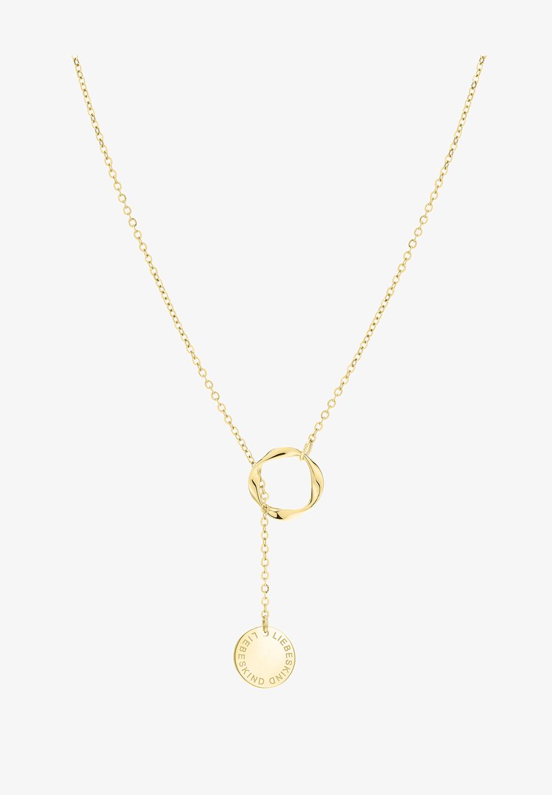 Guldfarvet halskæde med en snoet cirkulær vedhæng og en hængende plade prægede med brandnavnet, fastgjort til en delikat kæde.