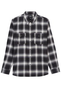 Camicia in flanella a scacchi bianco e nero con maniche lunghe, colletto a punta, due tasche sul petto e chiusura frontale con bottoni. Tessuto morbido, design casual.