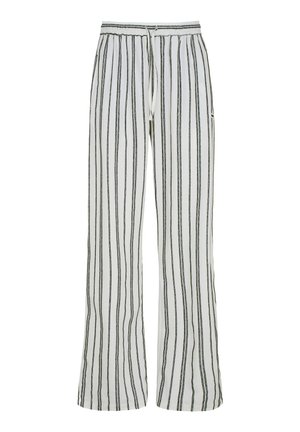 Białe spodnie o szerokich nogawkach z czarnymi pionowymi paskami i elastycznym pasem z białym sznurkiem.